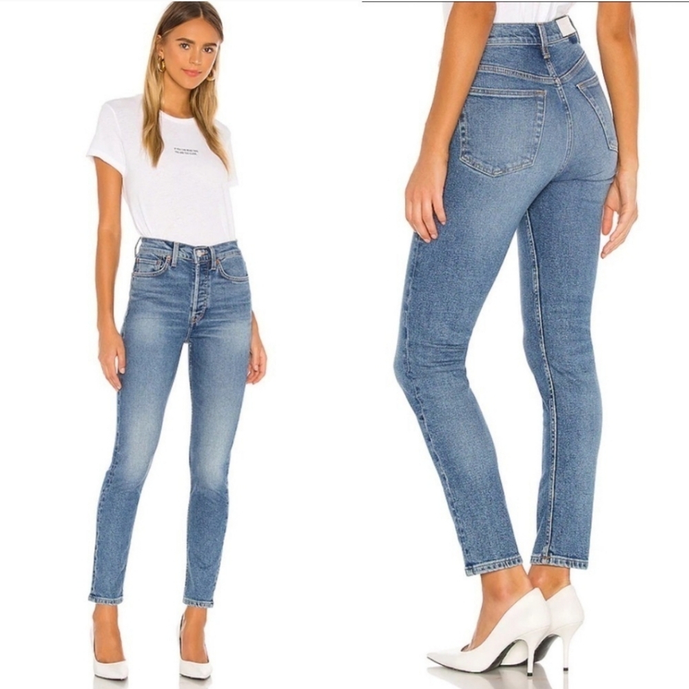 Re/Done 90s High Rise Ankle Crop Slim Straight Button Fly Jeans Mid90s